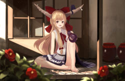 Rule 34 | 1girl, bad id, bad pixiv id, bare legs, barefoot, bow, brown hair, day, fang, flower, full body, gourd, hair bow, horns, ibuki suika, jar, knee up, looking at viewer, miniskirt, open mouth, outdoors, red bow, red eyes, shirt, sitting, skirt, sleeveless, sleeveless shirt, smile, solo, touhou, white shirt, yukitourou