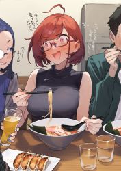 Rule 34 | 1boy, 2girls, 92m, ahoge, alcohol, bare shoulders, beer, black sweater, blue eyes, blue hair, blue nails, blush, breasts, chopsticks, cup, dateko (92m), drinking glass, dumpling, food, full-face blush, glasses, grin, highres, holding, holding chopsticks, holding cup, holding spoon, jewelry, jiaozi, kinshi no ane (92m), large breasts, looking at another, multiple girls, nail polish, necklace, noodles, open mouth, original, pink eyes, ramen, red-framed eyewear, red hair, semi-rimless eyewear, sleeveless, sleeveless sweater, sleeveless turtleneck, smile, solo focus, spoon, sweater, swept bangs, translation request, turtleneck, upper body