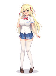 Rule 34 | 1girl, :d, blonde hair, blue skirt, breasts, brown footwear, commentary request, full body, green eyes, hair ribbon, hanpenmaru, highres, large breasts, long hair, looking at viewer, open mouth, original, pleated skirt, red neckwear, red ribbon, ribbon, shoes, short sleeves, simple background, skirt, smile, standing, thighhighs, white background, white thighhighs, zettai ryouiki
