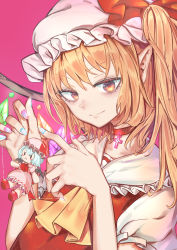 Rule 34 | 1girl, absurdres, ascot, bow, character doll, choker, closed mouth, cross, crystal, flandre scarlet, frilled shirt collar, frills, glowing, hair bow, hands up, hat, highres, latin cross, leaning back, looking at viewer, mob cap, multicolored nails, nail polish, one side up, pointy ears, puffy short sleeves, puffy sleeves, puppet, puppet strings, purple background, red bow, red choker, red eyes, red vest, remilia scarlet, short sleeves, simple background, smile, solo, touhou, turn zhuan, upper body, vest, white hat, wings, yellow ascot