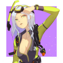 Rule 34 | 1girl, absurdres, bodysuit, border, breasts, cleavage, collarbone, diving suit, green eyes, grey hair, highres, joker.z, long hair, looking at viewer, medium breasts, open mouth, original, purple background, solo, upper body, wetsuit, white border