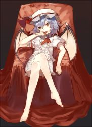 Rule 34 | 1girl, alternate eye color, barefoot, bat wings, black background, blood, blue hair, brown background, brown eyes, crossed legs, gradient background, hat, licking, licking finger, looking at viewer, mob cap, nekomegane, parted lips, puffy short sleeves, puffy sleeves, remilia scarlet, short hair, short sleeves, sitting, solo, touhou, wings
