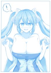 Rule 34 | !, 1girl, bare shoulders, blush, breasts, cenangam, cleavage, collarbone, dress, hair ornament, highres, large breasts, league of legends, looking at viewer, open mouth, simple background, smile, solo, sona (league of legends), strapless, strapless dress, twintails, upper body, white background