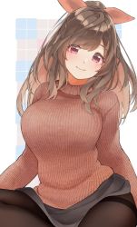 Rule 34 | 1girl, blush, border, bow, breasts, brown hair, brown pantyhose, closed mouth, commentary request, cowboy shot, grey skirt, hair bow, head tilt, highres, idolmaster, idolmaster shiny colors, large breasts, long hair, long sleeves, looking at viewer, miniskirt, orange bow, orange sweater, outside border, pantyhose, patterned background, pekoni (peconi), pink eyes, ponytail, ribbed sweater, sidelocks, sitting, skirt, smile, solo, square, sweater, tsukioka kogane, white border