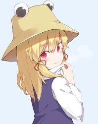 Rule 34 | 1girl, alternate eye color, blonde hair, blue background, blush, closed mouth, from side, hair ribbon, hat, kae karee, light smile, long hair, long sleeves, looking at viewer, looking to the side, moriya suwako, purple vest, red eyes, red ribbon, ribbon, shirt, simple background, solo, touhou, tress ribbon, turtleneck, upper body, vest, white shirt