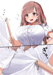 Rule 34 | 2girls, blush, bow, bowtie, bra visible through clothes, breasts, broom, brown hair, buttons, collared shirt, fang, holding, holding broom, kaisen chuui, large breasts, long hair, multiple girls, open mouth, original, red bow, red neckwear, school uniform, shirt, short sleeves, simple background, smile, upper body, white background, white shirt