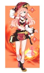 Rule 34 | 1girl, ;), arm up, black footwear, black skirt, boots, brown background, closed mouth, commentary request, crop top, detached sleeves, eyebrows hidden by hair, fire, genshin impact, green eyes, hair between eyes, hand on headwear, hat, highres, kooan, long sleeves, looking at viewer, midriff, one eye closed, pink hair, puffy long sleeves, puffy sleeves, red hat, skirt, smile, solo, two-tone background, walking, white background, white sleeves, yanfei (genshin impact)