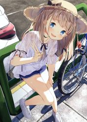 Rule 34 | 1girl, :d, bare legs, bicycle, blush, bow, brown hair, car, choker, dolphin shorts, full body, hand on own leg, hat, hat bow, kamizaki hibana, long hair, motor vehicle, nike (company), open mouth, original, outdoors, road, see-through, see-through sleeves, shoes, short sleeves, shorts, smile, sneakers, solo, sun hat, v
