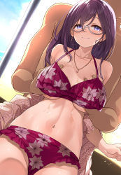 Rule 34 | 1boy, 1girl, bikini, blue eyes, blush, grabbing another&#039;s breast, breasts, closed mouth, collarbone, commentary request, earrings, floral print, frilled bikini, frills, glasses, grabbing, grabbing from behind, hand under clothes, hetero, highres, idolmaster, idolmaster cinderella girls, jewelry, large breasts, leaning back, long hair, mk (mod0), navel, necklace, print bikini, purple bikini, purple hair, sitting, smile, solo focus, stomach, sweat, swimsuit, yagami makino