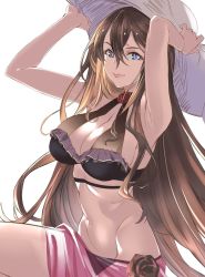 Rule 34 | 1girl, bare shoulders, bikini, bikini top only, breasts, brown hair, cleavage, commentary request, cowboy shot, flower, frills, granblue fantasy, hair between eyes, hat, large breasts, long hair, navel, purple eyes, pursed lips, rose, rosetta (granblue fantasy), rosetta (summer) (granblue fantasy), sieru, skirt, smile, solo, sun hat, swimsuit, white background