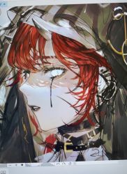 Rule 34 | 1girl, black lips, black tears, commentary request, horns, mole, mole under eye, original, parted lips, photo (medium), portrait, red hair, shaded face, solo, tsukiiro, white eyes