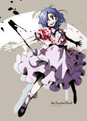Rule 34 | 1girl, blood, blue hair, character name, fang, female focus, hair over one eye, marionette online, outstretched arms, red eyes, remilia scarlet, satomura kyou, short hair, solo, spread arms, touhou