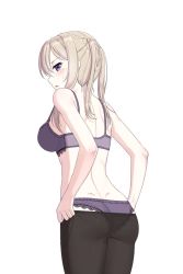 Rule 34 | 10s, 1girl, ass, bad id, bad pixiv id, black pantyhose, blonde hair, blush, bra, braid, breasts, cnm, dressing, female focus, from behind, graf zeppelin (kancolle), kantai collection, lace, lace-trimmed bra, lace-trimmed panties, lace trim, long hair, looking at viewer, looking back, panties, pantyhose, purple bra, purple eyes, purple panties, see-through, sidelocks, simple background, skin tight, solo, standing, sweatdrop, twin braids, twintails, underwear, white background