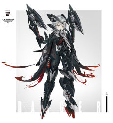 Rule 34 | 1girl, absurdres, android, arms at sides, donxxxs, english text, full body, grey hair, hair ornament, hairclip, headgear, highres, joints, looking at viewer, mecha musume, original, robot joints, scar, scar across eye, scar on face, sharp teeth, sign, solo, standing, teeth, two-tone background, warning sign, yellow eyes