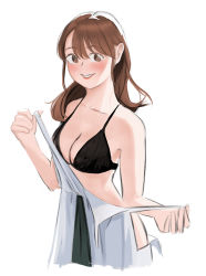 Rule 34 | 1girl, agent aika, aika (series), alternate costume, azelweien, bad id, bad pixiv id, bare shoulders, black bra, black delmo, blush, bra, breasts, brown eyes, collarbone, commentary, dress, english commentary, highres, long hair, looking at viewer, medium breasts, naomi (agent aika), presenting, simple background, smile, solo, underwear, undressing, white background, white dress