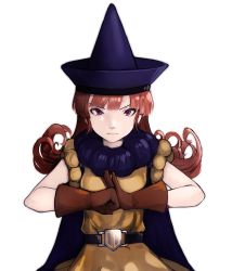 Rule 34 | 1girl, alena (dq4), belt, breasts, brown hair, cape, closed mouth, commentary request, curly hair, dragon quest, dragon quest iv, gloves, hat, long hair, looking at viewer, red eyes, red hair, simple background, skirt, solo, white background, yellow skirt