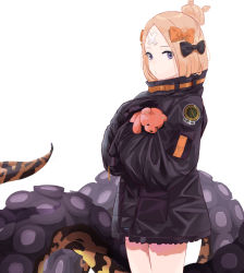 Rule 34 | 1girl, abigail williams (fate), abigail williams (traveling outfit) (fate), bandaid, bandaid on face, bandaid on forehead, belt, black bow, black jacket, blonde hair, blue eyes, bow, breasts, crossed bandaids, fate/grand order, fate (series), forehead, hair bow, hair bun, heroic spirit traveling outfit, high collar, holding, holding stuffed toy, jacket, long hair, long sleeves, looking at viewer, multiple bows, official alternate costume, orange belt, orange bow, parted bangs, polka dot, polka dot bow, simple background, single hair bun, sleeves past fingers, sleeves past wrists, small breasts, solo, stuffed animal, stuffed toy, teddy bear, tentacles, thighs, toki00002000, white background