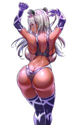 Rule 34 | 1girl, 2t (tanakatakuto), absurdres, arms up, ass, backboob, blunt bangs, blush, breasts, butt crack, character request, dark-skinned female, dark skin, elbow gloves, gloves, highres, horns, large breasts, long hair, looking back, one-piece swimsuit, original, purple gloves, purple thighhighs, silver hair, simple background, solo, swimsuit, thighhighs, white background, yellow eyes