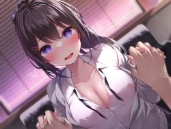 Rule 34 | 1girl, 1other, black hair, black skirt, blurry, blurry background, blush, breasts, cardigan, chair, cleavage, collared shirt, commentary request, grey cardigan, hair ribbon, heart, heart-shaped pupils, highres, interlocked fingers, long hair, long sleeves, looking at viewer, medium breasts, nail polish, open mouth, original, ponytail, purple eyes, ribbon, saliva, shirt, sidelocks, skirt, symbol-shaped pupils, teeth, toyosaki shu, upper teeth only, white shirt, window blinds