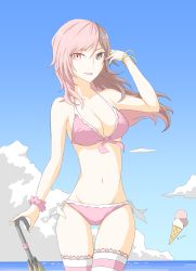 Rule 34 | 1girl, absurdres, alternate costume, bikini, blue sky, bracelet, breasts, brown eyes, brown hair, cleavage, cloud, gluteal fold, hand in own hair, highres, horizon, ice cream cone, jewelry, lace, lace-trimmed legwear, lace trim, large breasts, long hair, looking at viewer, multicolored hair, neo politan, ocean, pink bikini, pink hair, rwby, sky, smile, solo, striped clothes, striped thighhighs, swimsuit, thigh gap, thighhighs, tsukimizake, umbrella, water, white thighhighs