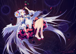 Rule 34 | 1girl, alternate hair color, bare shoulders, criin (659503), falling, flower, full body, heel-less shoes, heterochromia, horns, long hair, red eyes, shoes, signature, single horn, solo, very long hair, vocaloid, vocanese, white hair, wings, xingchen, yellow eyes
