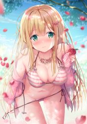 Rule 34 | 1girl, bare shoulders, bikini, blonde hair, blue eyes, blue sky, blurry, blurry background, branch, breasts, cleavage, closed mouth, clothes pull, cloud, cloudy sky, commentary request, day, flower, hair ornament, highres, inagaki minami, jacket, jewelry, long hair, long sleeves, medium breasts, navel, necklace, off shoulder, original, outdoors, petals, pink jacket, pulled by self, shiny skin, side-tie bikini bottom, sky, solo, sousouman, stomach, striped bikini, striped clothes, swimsuit, zipper, zipper pull tab