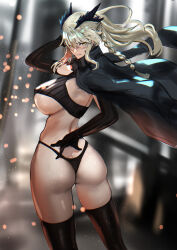 Rule 34 | 1girl, artoria pendragon (fate), artoria pendragon (lancer alter) (fate), ass, back, blonde hair, braid, breasts, butt crack, clenched teeth, fate/grand order, fate (series), hair between eyes, highres, horns, jacket, jacket on shoulders, jikihatiman, large breasts, long hair, looking at viewer, looking back, sidelocks, solo, teeth, thighhighs, thighs, yellow eyes