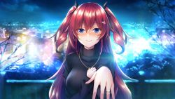 Rule 34 | 1girl, black bow, black sweater, blue eyes, blurry, blurry background, blush, bow, c:, closed mouth, game cg, hair between eyes, hair bow, hair ornament, jewelry, long hair, long sleeves, looking at viewer, nakatama kyou, necklace, night, ousaka ayane, outdoors, red hair, ribbed sweater, ring, smile, solo, sweater, toshishita kanojo, twintails, upper body, very long hair