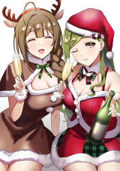 Rule 34 | 2girls, 8n0 g, ;d, ^ ^, alcohol, animal ears, antlers, blush, brown capelet, brown dress, brown hair, capelet, champagne, champagne flute, closed eyes, cup, dress, drinking glass, fake animal ears, green hair, hat, highres, holding, holding cup, horns, idolmaster, idolmaster shiny colors, kuwayama chiyuki, looking at viewer, multiple girls, nanakusa hazuki, one eye closed, open mouth, red shirt, red skirt, reindeer antlers, santa costume, santa hat, shirt, simple background, single sidelock, skirt, smile, white background
