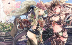 Rule 34 | 2girls, ass, blonde hair, braid, breasts, character request, cleavage, closed mouth, collarbone, commentary request, highres, long hair, looking at viewer, mask, mask on head, medium breasts, monster hunter, monster hunter: world, monster hunter (series), multiple girls, navel, red eyes, smile, thighhighs, very long hair, zi-dabu