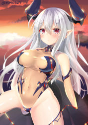 Rule 34 | 10s, 1girl, absurdres, blush, borrowed character, breasts, colo mag-chan, draph, eyebrows, granblue fantasy, hair between eyes, highres, horns, large breasts, leotard, long hair, looking at viewer, mirea, pointy ears, red eyes, renka (llawliet39), revision, see-through, see-through leotard, solo, thighhighs, twitter username, white hair