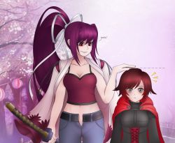Rule 34 | 2girls, blazblue, blazblue: cross tag battle, crossover, english text, grey eyes, height conscious, height difference, highres, holding, holding sword, holding weapon, katana, lobbyrinth, long hair, multicolored hair, multiple girls, photo background, purple hair, red eyes, red hair, ruby rose, rwby, short hair, sword, under night in-birth, weapon, yuzuriha (under night in-birth)