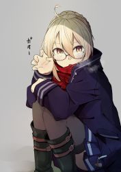 Rule 34 | 1girl, absurdres, ahoge, artoria pendragon (all), artoria pendragon (fate), blonde hair, boots, breath, claw pose, coat, fate/grand order, fate (series), gao, glasses, grey background, highres, kazenoko, looking at viewer, mysterious heroine x alter (fate), mysterious heroine x alter (first ascension) (fate), paw pose, plaid, plaid scarf, pleated skirt, saber (fate), scarf, school uniform, serafuku, skirt, solo, squatting, thighhighs, yellow eyes