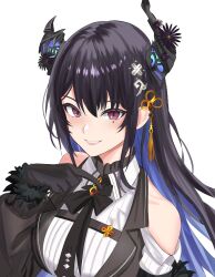 1girl asymmetrical_horns black_gloves black_hair black_horns blue_hair breasts gloves hololive hololive_english horns large_breasts mole mole_under_eye nerissa_ravencroft nerissa_ravencroft_(1st_costume) purple_eyes rijeka1918 shirt simple_background solo transparent_background uneven_horns upper_body virtual_youtuber white_shirt