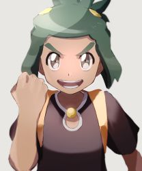Rule 34 | 1boy, clenched hand, commentary request, creatures (company), dark-skinned male, dark skin, game freak, green hair, grey background, grey eyes, hair ornament, hand up, hau (pokemon), highres, male focus, nintendo, omiya599, open mouth, pokemon, pokemon sm, shirt, short sleeves, solo, teeth, tongue, upper body