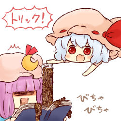 Rule 34 | 2girls, = =, ^^^, batta (ijigen debris), blue hair, book, chibi, crescent, fang, food, hat, hat ribbon, long hair, multiple girls, nattou, open book, open mouth, patchouli knowledge, pouring, prank, purple hair, reading, red eyes, remilia scarlet, ribbon, short hair, simple background, surprised, touhou, translation request, white background