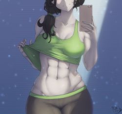 Rule 34 | 1girl, abs, bare arms, bare shoulders, black hair, blush, breasts, cellphone, closed mouth, clothes lift, coffeeslice, collarbone, colored skin, indoors, leggings, long hair, medium breasts, midriff, navel, nintendo, phone, shirt lift, side ponytail, smartphone, smile, solo, standing, tank top, white skin, wii fit, wii fit trainer, wii fit trainer (female)