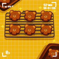 Rule 34 | animal-themed food, battery indicator, bear, cookie, food, food focus, grid background, highres, nailao si ka bing, no humans, original, recording, shadow, sparkle, star (symbol), timestamp, tray, yellow background