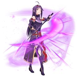Rule 34 | 1girl, ;), ahoge, armor, boots, breastplate, brown eyes, detached sleeves, fingerless gloves, full body, gloves, hand on own hip, headband, holding, holding sword, holding weapon, long hair, long skirt, looking at viewer, one eye closed, pointy ears, purple armor, purple footwear, purple gloves, purple hair, purple skirt, skirt, smile, solo, sword, sword art online, thigh boots, thighhighs, transparent background, very long hair, weapon, yuuki (sao)