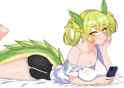 Rule 34 | 1girl, alternate costume, breasts, casual, cellphone, cleavage, dragon girl, dragon horns, dragon tail, duel monster, green hair, gym shorts, highres, holding, holding phone, horns, looking at viewer, lying, oldsickkim, on bed, on stomach, parlor dragonmaid, phone, shirt, shorts, single bare shoulder, smartphone, solo, tail, white shirt, yellow eyes, yu-gi-oh!