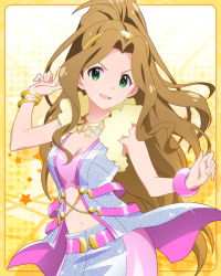 Rule 34 | 10s, 1girl, :d, bracelet, brown hair, green eyes, hairband, idolmaster, idolmaster million live!, jewelry, long hair, looking at viewer, lots of jewelry, navel, necklace, nikaidou chizuru, official art, open mouth, ponytail, skirt, smile, very long hair