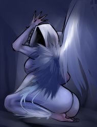 Rule 34 | 1girl, ass, breasts, character request, from software, hood, looking back, wings