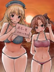Rule 34 | 10s, 2girls, akigumo (kancolle), atago (kancolle), bikini, blonde hair, breasts, brown hair, check translation, cleavage, green eyes, highres, kantai collection, large breasts, long hair, multiple girls, ponytail, shigekikkusu, sign, small breasts, sunset, swimsuit, translated, translation request, wide hips