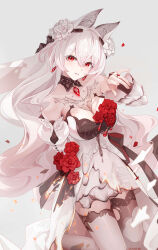 Rule 34 | 1girl, absurdres, ai dongdong, bare shoulders, black collar, breasts, chest tattoo, chinese commentary, collar, commentary request, cowboy shot, detached sleeves, dress, earrings, flower, hair between eyes, hair flower, hair ornament, highres, honkai (series), honkai impact 3rd, jewelry, large breasts, long hair, looking at viewer, parted lips, red eyes, red flower, red rose, ring, rose, sidelocks, signature, simple background, solo, tattoo, theresa apocalypse, theresa apocalypse (luna kindred), theresa apocalypse (lunar vow: crimson love), thighhighs, thighs, very long hair, white dress, white flower, white hair, white rose, white sleeves, white thighhighs, zettai ryouiki