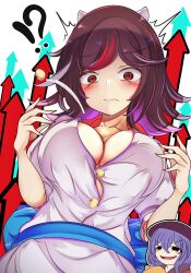 Rule 34 | !?, 2girls, alternate breast size, arrow (symbol), blush, breasts, button gap, cone horns, flying button, highres, horns, kana (user rkuc4823), kijin seija, large breasts, multicolored hair, multiple girls, open clothes, popped button, red eyes, shirt, sukuna shinmyoumaru, touhou, white shirt