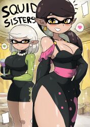 Rule 34 | 2girls, absurdres, alcohol, black dress, black gloves, black hair, blush, bowl, braid, breasts, callie (splatoon), ceiling, ceiling light, cleavage, collarbone, cousins, cup, curtains, dress, drink, drinking glass, earrings, gloves, grey hair, grin, hand on own hip, heart, highres, holding, holding wine glass, jewelry, large breasts, long hair, long sleeves, looking at viewer, marie (splatoon), mole, mole under eye, multiple girls, necklace, nintendo, pearl necklace, pointy ears, short hair, side slit, sleeveless, sleeveless dress, smile, sparkle, speech bubble, splatoon (series), spoken heart, squid girl, standing, table, teeth, tentacle hair, tentacles, thick thighs, thighs, tony welt, wide hips, wine, wine glass, yellow eyes