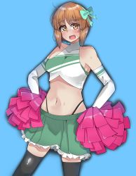 Rule 34 | 1girl, absurdres, alternate costume, arm warmers, black panties, black thighhighs, blue background, blush, bow, breasts, brown eyes, brown hair, cheerleader, commentary, cowboy shot, crop top, girls und panzer, green bow, green shirt, green skirt, hair bow, halterneck, highleg, highleg panties, highres, holding, holding pom poms, kshimu, looking at viewer, medium breasts, midriff, miniskirt, navel, nishizumi miho, open mouth, panties, pleated skirt, pom pom (cheerleading), pom poms, shirt, short hair, simple background, skindentation, skirt, smile, solo, standing, sweat, thighhighs, underwear
