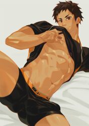 Rule 34 | 1boy, abs, absurdres, alternate pectoral size, bara, black hair, black male underwear, boxers, brown eyes, bulge, clothes lift, covered penis, erection, erection under clothes, feet out of frame, haikyuu!!, head tilt, highres, large pectorals, le zhang zhang, lifted by self, lying, male focus, male underwear, muscular, muscular male, nipple stimulation, nipple tweak, nipples, no pants, on back, pectorals, sawamura daichi, seductive smile, shiny skin, shirt lift, short hair, sideburns, smile, solo, sportswear, spread legs, stomach, thick thighs, thighs, tweaking own nipple, underpec, underwear, volleyball uniform