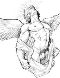 Rule 34 | 1boy, abs, absolum art, absurdres, angel, angel wings, bara, bare pectorals, bulge, cloak, cowboy shot, feathered wings, flaccid, greyscale, halo, highres, large pectorals, male focus, male pubic hair, monochrome, muscular, mythology, naked cloak, navel, navel hair, nipples, nude, original, pectorals, penis, pubic hair, short hair, solo, thighs, uncensored, white background, wings