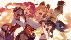 Rule 34 | 3girls, armpit peek, artist request, bare shoulders, black hair, blonde hair, blue ribbon, breasts, collarbone, commentary, company name, dragalia lost, closed eyes, fang, goggles, goggles on head, hair ornament, hair ribbon, hairpin, large breasts, long hair, mittens, multiple girls, official art, open mouth, pink hair, ramona (dragalia lost), rena (dragalia lost), renee (dragalia lost), ribbon, shadow, siblings, simple background, sisters, small breasts, smile, very long hair, watermark, white background